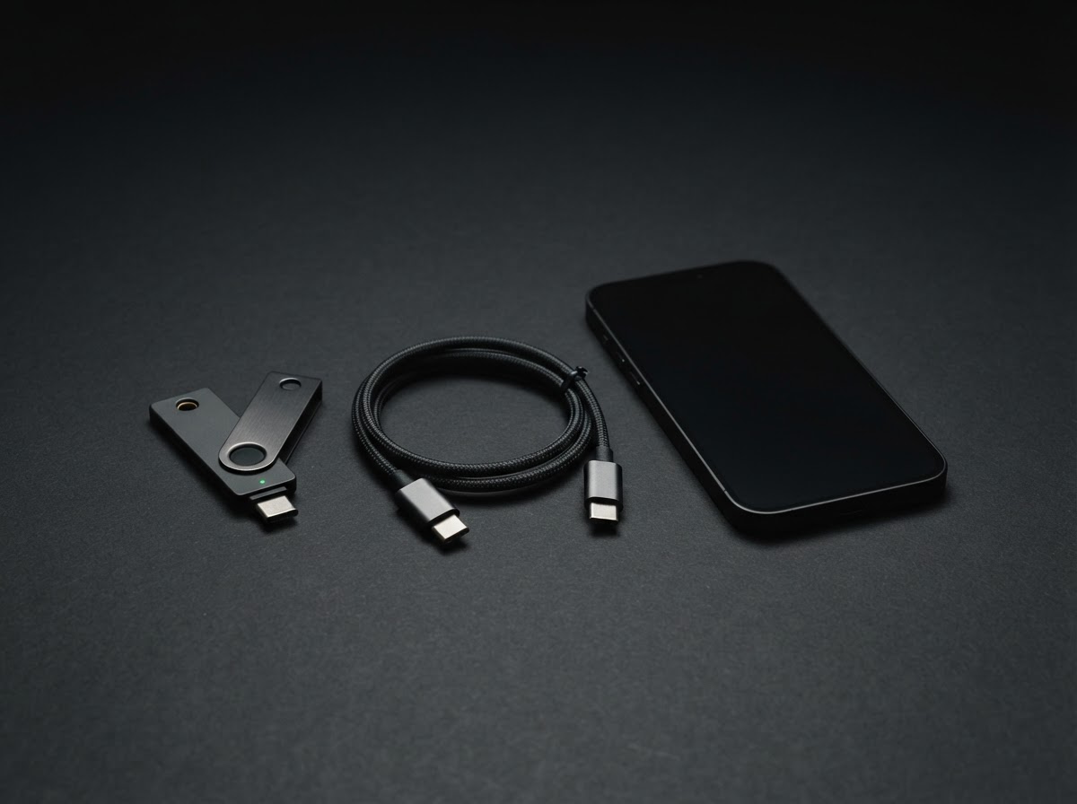 A dark hardware wallet, cable and smartphone arranged neatly on a charcoal surface before setup.