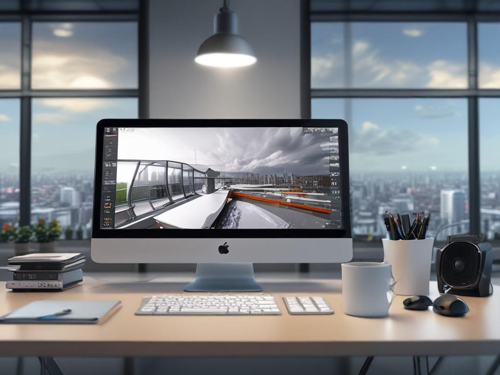 A hyper-realistic close-up shot of a modern workspace featuring a computer with advanced software interfaces displayed. The background should be elegantly blurred to emphasize the computer screen. The color scheme should include shades of dark blue, creating a professional ambiance. The image should evoke a sense of innovation and technology, showcasing tools used in software development and automation.