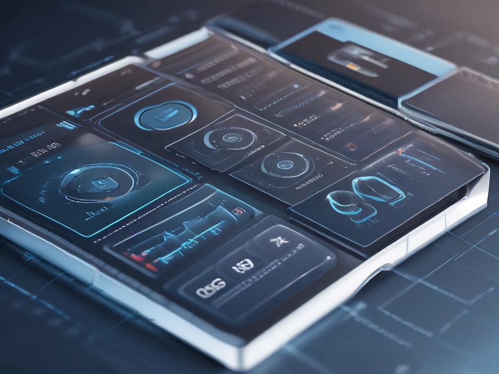 A high-resolution image of an AI system interface, displaying various automation tools and analytics on a dark blue background. The interface should look sleek and professional, featuring graphs and charts. Highlight the interaction between a human and the AI, showcasing efficiency in a corporate environment. Use soft lighting to create a modern and high-tech atmosphere.