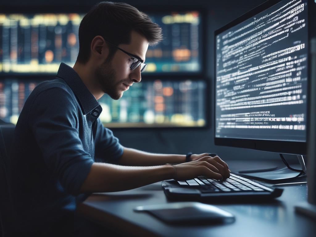 A close-up shot of a software developer working on a laptop, surrounded by programming code on a screen. The setting is modern and tech-savvy, with a dark blue color scheme. Emphasize the developer's focused expression and the glow of the screen reflecting on their face. The background should be softly blurred to keep the focus on the developer and their work, capturing the essence of innovation and technology.