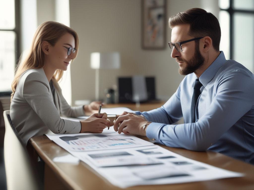 A professional consultant discussing strategies with a client in a modern office setting. The focus should be on the interaction, with charts and laptops on the table. The background should be dark blue to convey professionalism, with soft lighting to create a welcoming environment. Capture the essence of collaboration and strategic planning.
