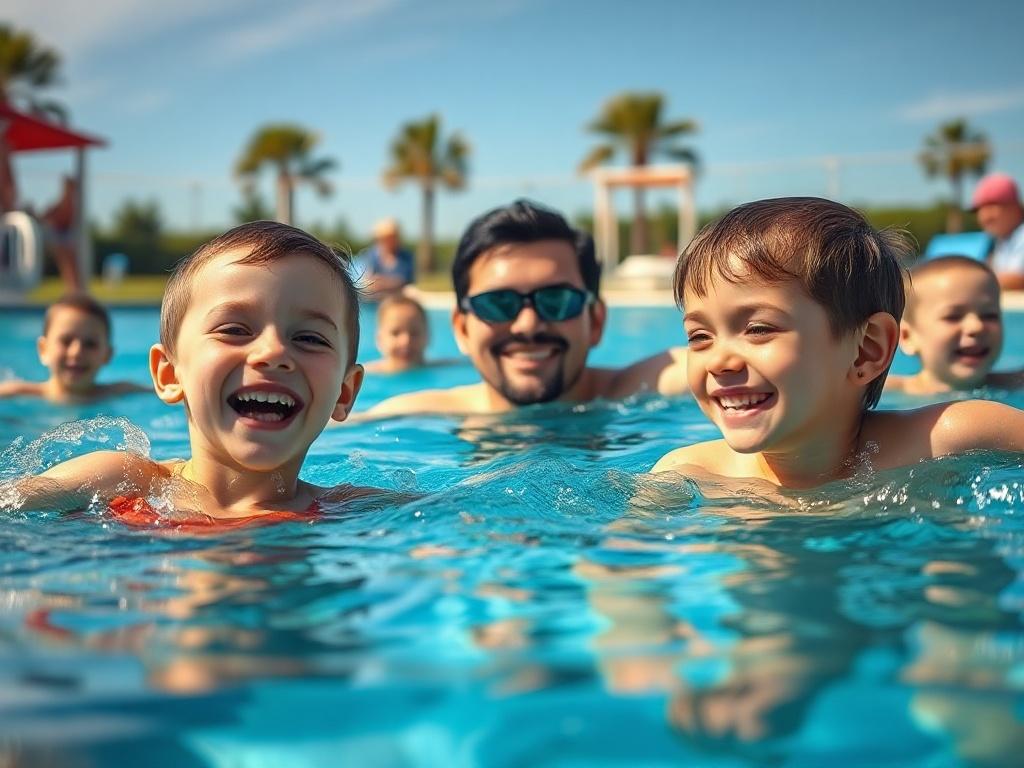A joyful family participating in a swimming lesson in a sunny, outdoor pool. The instructor guides them through fun exercises while the kids splash and play. The scene captures the essence of family bonding, with smiles and laughter evident on their faces. Bright colors and a clear blue sky enhance the cheerful environment.
