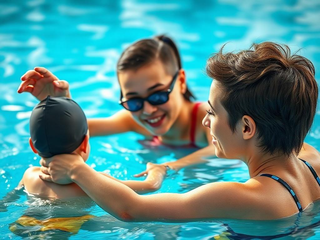 A close-up shot of a swimming instructor giving a private lesson to a child in a pool, focusing on technique. The background shows clear water and a serene atmosphere. The instructor is demonstrating a swimming stroke while the child practices, both wearing swim gear. The lighting is bright and inviting, emphasizing the joy of learning to swim.