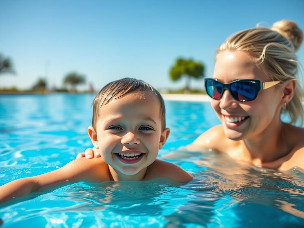 A serene swimming pool with a focus on a child learning to swim with a dedicated instructor. The composition captures the joyful expression of the child and the supportive demeanor of the instructor, surrounded by bright blue water. The background features a sunny day, with a few trees and a clear blue sky, creating a warm and inviting atmosphere.