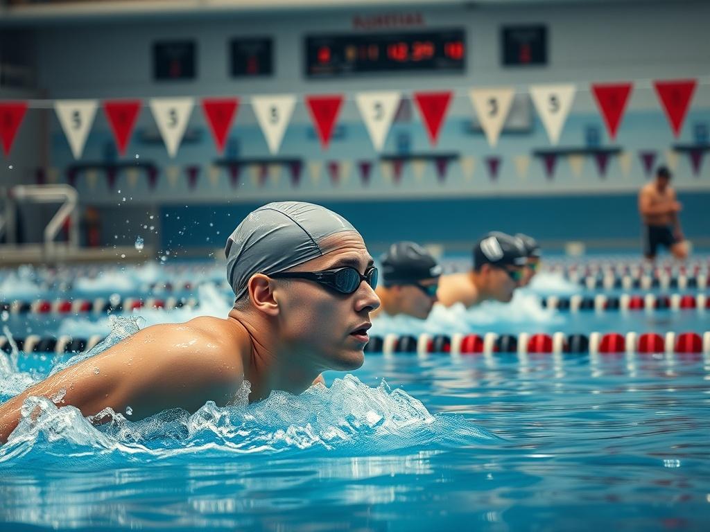 An intense training session at a swimming pool, depicting a focused swimmer practicing their strokes while being observed by a coach giving feedback. The background features a competitive setting, with timing devices and other swimmers in lanes, emphasizing the seriousness of the training. The water splashes dynamically, capturing the energy of the moment.
