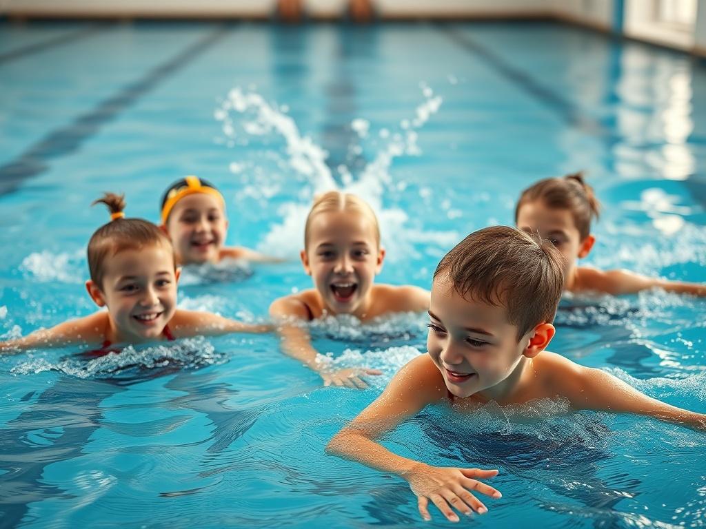 A dynamic scene of a small group lesson in a swimming pool, showcasing multiple swimmers practicing various strokes under the guidance of an enthusiastic instructor. The image emphasizes teamwork and camaraderie, with splashes of water and vibrant expressions of determination. The bright pool area is filled with natural light, creating an uplifting atmosphere for learning.