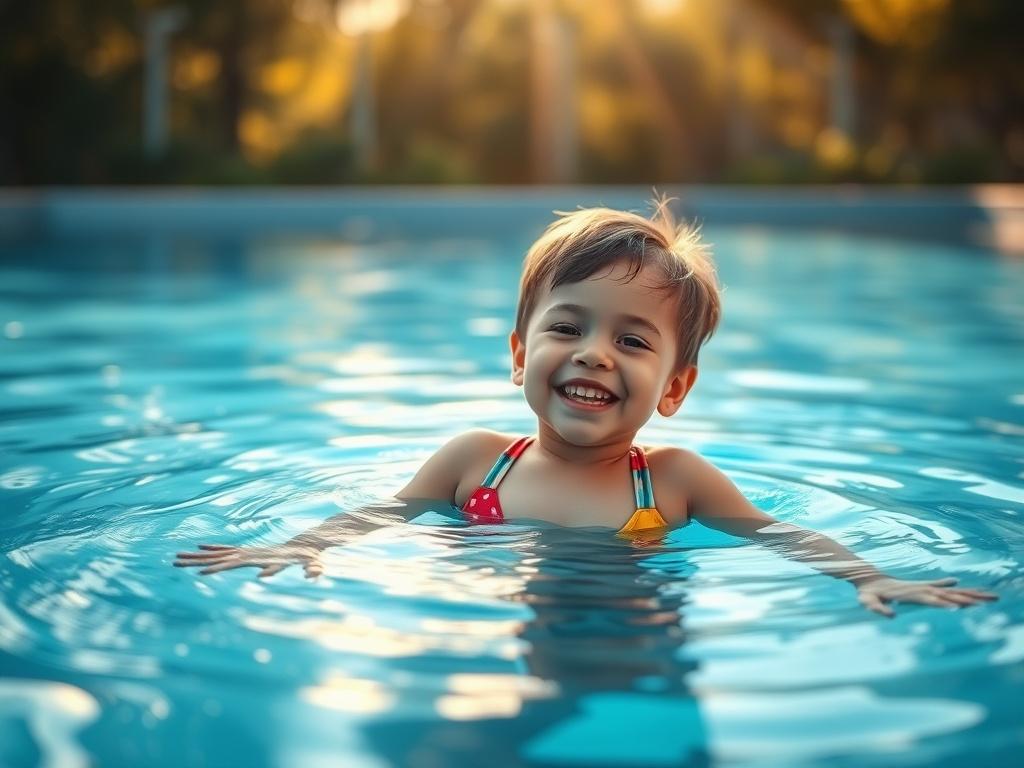 A joyful child in a swimming pool, confidently floating on