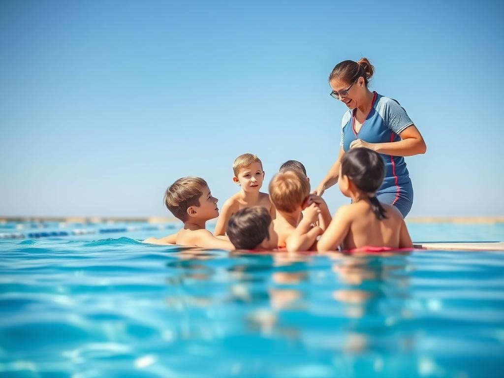 A swimming instructor demonstrating safety techniques to a group of