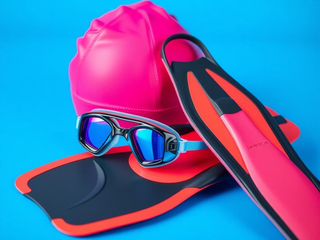 A close-up shot of a swim gear pack, featuring a swim cap, goggles, and swim fins, displayed on a vibrant blue background. The swim cap should be brightly colored, and the goggles should have a reflective lens. The swim fins should be positioned next to the other items, showcasing their design. The image should be hyper-realistic, with a focus on the textures and colors of the gear.