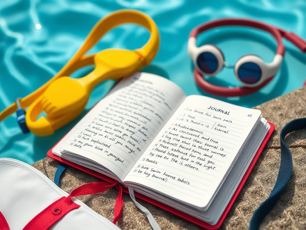 A close-up shot of a swimming lesson journal open to a page filled with handwritten notes and swim goals. The journal should be surrounded by swimming gear and a poolside setting to reflect its purpose. The image should be hyper-realistic, capturing the details of the journal's design and the surrounding items.
