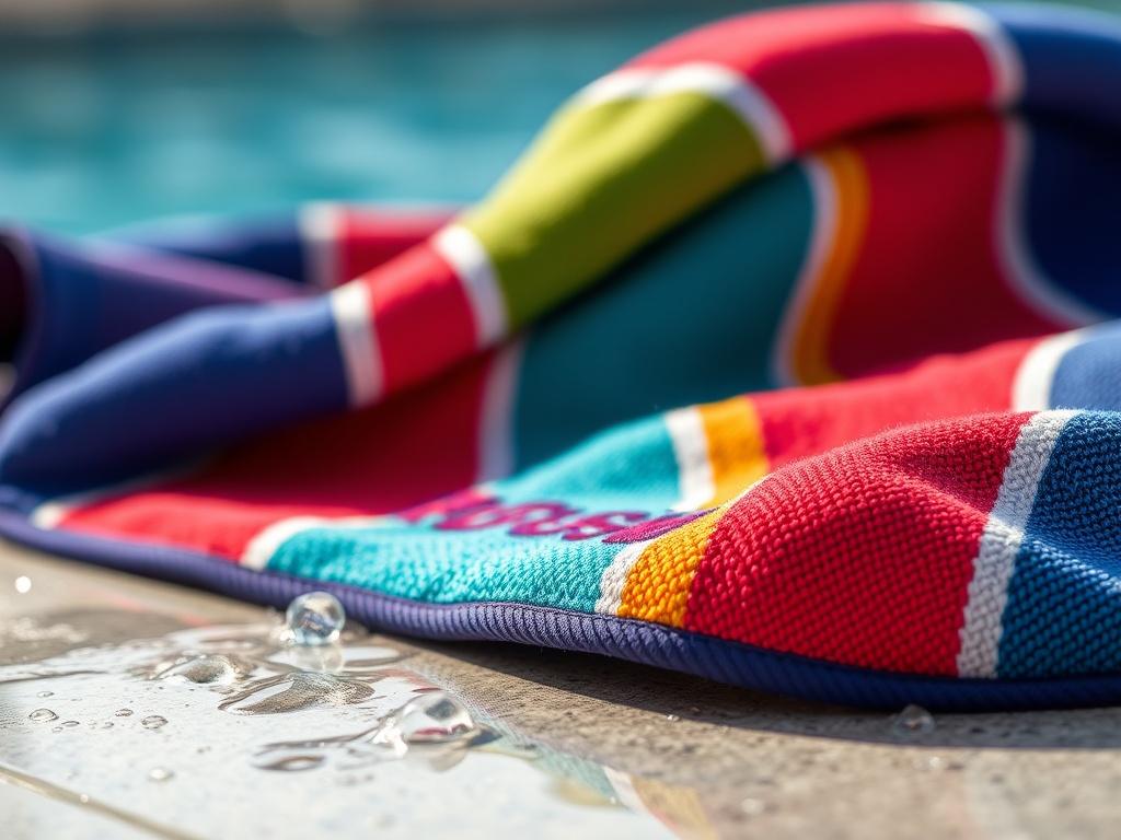 A close-up shot of a personalized swim towel, showcasing vibrant colors with custom embroidery. The towel should be laid flat on a poolside surface, with water droplets nearby to emphasize its use. The background should be blurred to keep the focus on the towel's details, capturing its texture and quality in a hyper-realistic style.