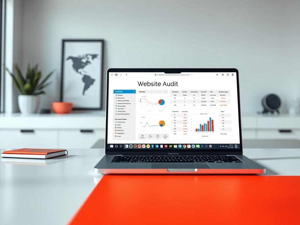 A clean, modern workspace with a laptop displaying a website audit report on the screen. The background features minimalistic decor, emphasizing a professional atmosphere. The laptop screen shows graphs and checklists, indicating a thorough review process. Soft lighting highlights the workspace, creating a warm and inviting feel, while the overall composition remains uncluttered and focused.