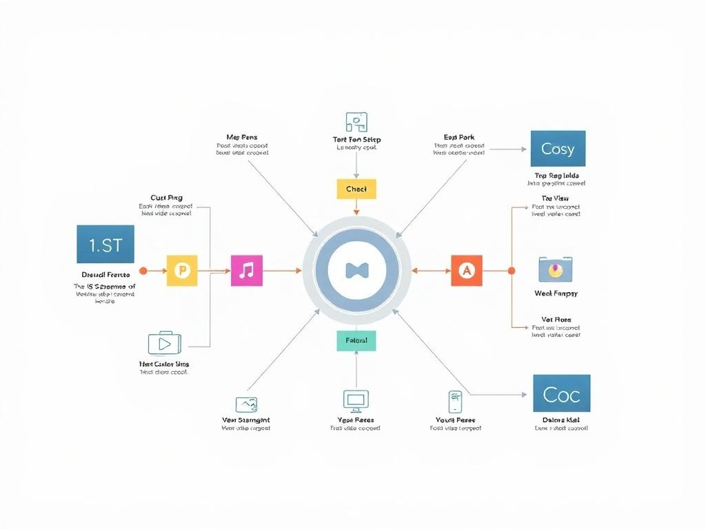 A detailed diagram illustrating the integration of various components of a music video editing tool. The diagram features interconnected elements, showcasing how different features work together. The background is simple and professional, allowing the diagram to be the focal point. Soft colors are used to indicate different sections, creating a clear visual understanding of the integration process while maintaining a modern and tech-savvy aesthetic.