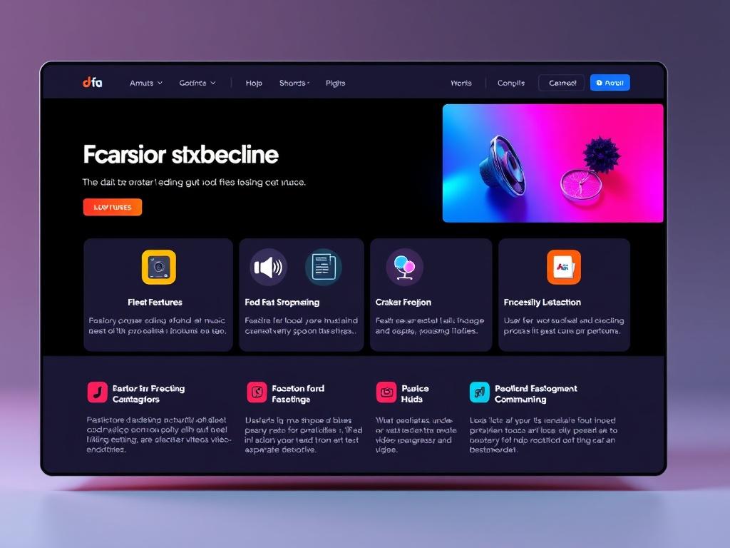 A visually engaging webpage mockup showcasing highlighted features of a music video editing AI tool. The design includes vibrant icons representing various features, with clear and concise text descriptions. The layout is user-friendly, emphasizing easy navigation and visual appeal. The background is minimalistic, allowing the features to stand out, while the colors align with a modern tech aesthetic, creating a professional look that draws attention.