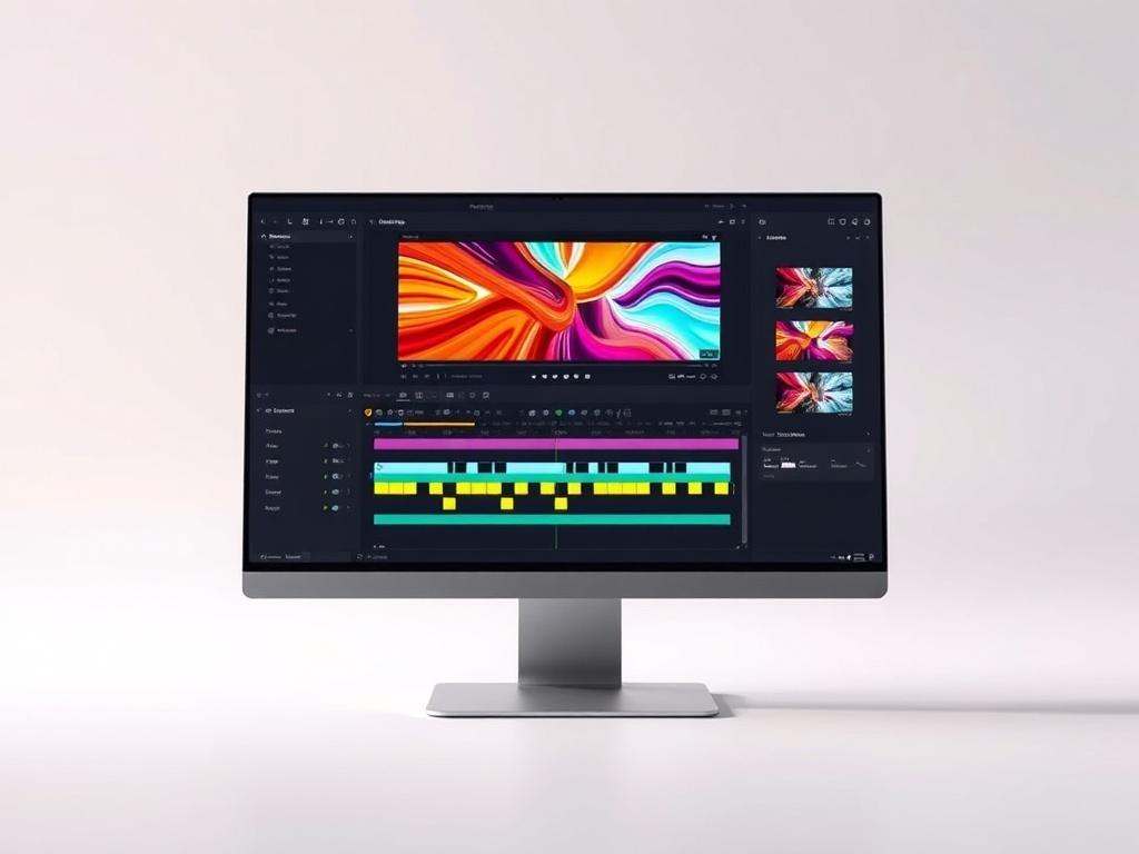 A high-resolution, photorealistic image of a sleek, modern computer screen displaying an AI-powered video editing interface. The screen shows vibrant clips being edited with dynamic effects and transitions. The background is minimalistic with clean lines and a soft color palette, emphasizing the technology and creativity involved in music video production.