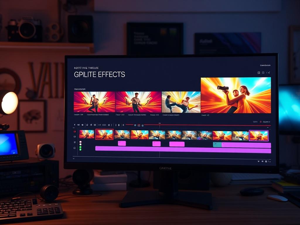 A high-resolution, photorealistic image of a video editing timeline showcasing various effects and transitions applied. The screen displays vibrant clips with dynamic animations, and the background is a creative workspace filled with editing tools. The image conveys a sense of innovation and artistic expression in video production.
