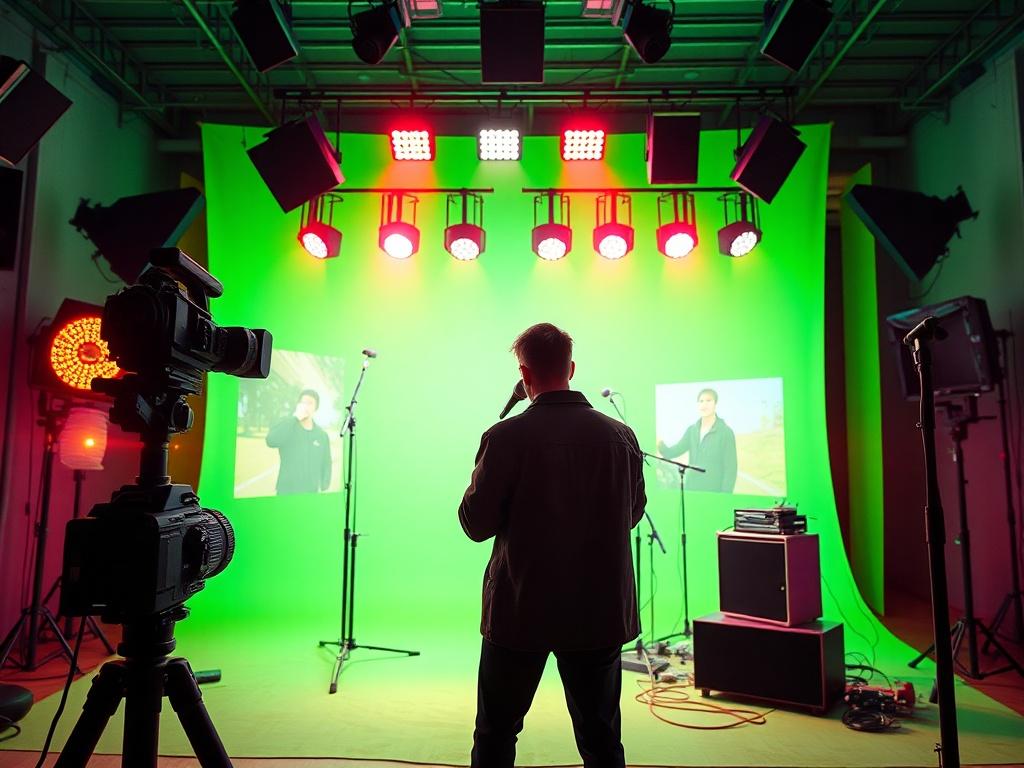 A high-resolution, photorealistic image of a green screen studio setup with vibrant lighting and a camera. The image shows a musician performing in front of the green screen, with visuals of colorful backgrounds being projected behind them. The atmosphere is dynamic and creative, capturing the essence of music video production.