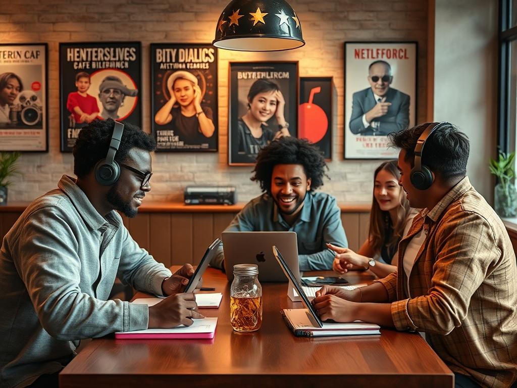Create a highly detailed, realistic high-resolution image that captures the essence of "Building Connections in Music and Film." The composition should feature a single subject: a diverse group of musicians and filmmakers engaged in an animated discussion at a well-lit, stylish café. The focus should be on their body language and expressions, showcasing enthusiasm and collaboration as they share ideas over laptops and notebooks spread across the table.

The background should feature elements that hint at bo
