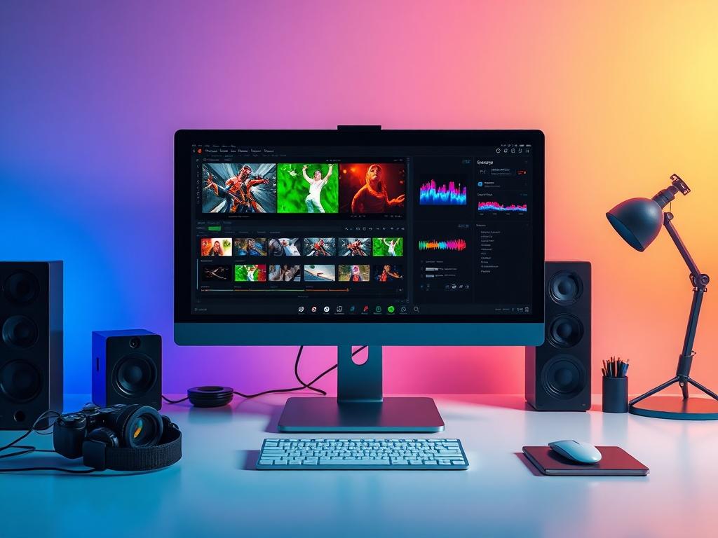 Create a realistic high-resolution image that visually represents the concept of a music video editing AI. The composition should be simple and clear, featuring a single subject: an advanced AI interface displayed on a sleek computer monitor. The interface should show vibrant video clips and lively transitions, showcasing powerful editing tools and effects that seamlessly integrate with music tracks.

The subject of the image should be centered, with the monitor displaying dynamic visuals that represent var