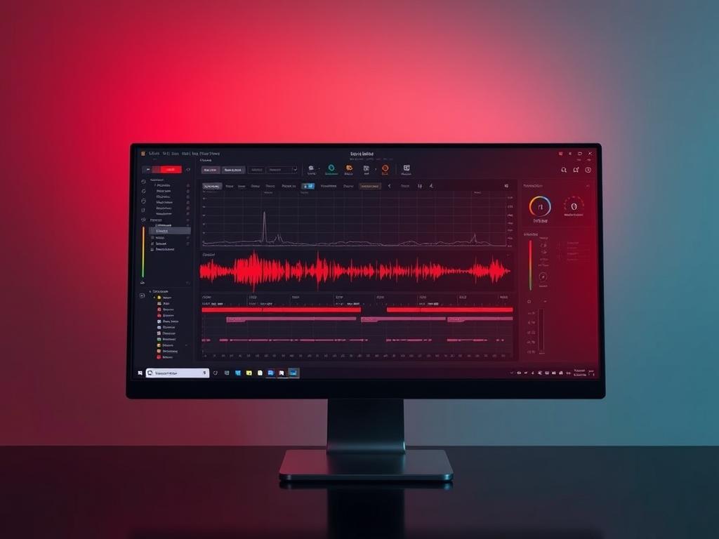 A high-resolution image of a modern audio editing interface on a computer screen, showcasing waveforms and sound levels. The background should be minimalistic and clean, with a vibrant color scheme featuring bold reds and blacks, highlighting the focus on audio editing technology.