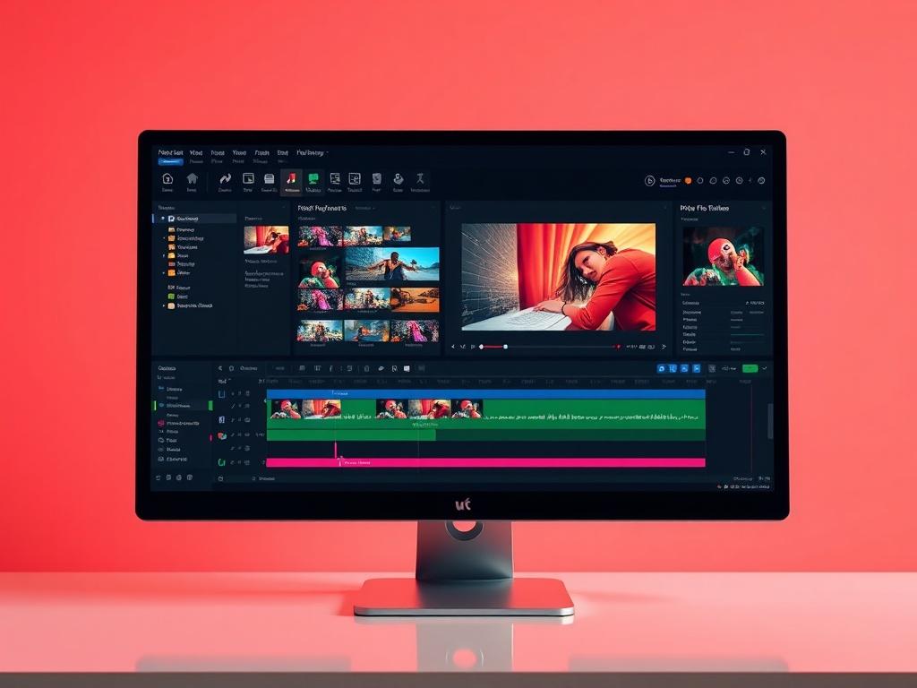 A high-resolution image of a video editing timeline on a computer screen, featuring colorful clips and visual effects. The background should be minimalistic with a focus on the editing software's interface, highlighted in vibrant colors, particularly reds, to match the theme of video creation.