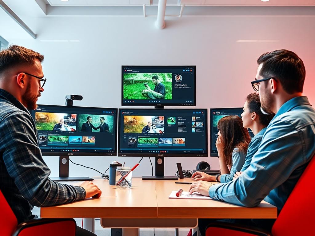A high-resolution image of a collaborative workspace with multiple screens displaying video editing software, team members discussing ideas. The setting should be modern and vibrant, with clean lines and a focus on communication tools, reflecting a dynamic and creative environment.