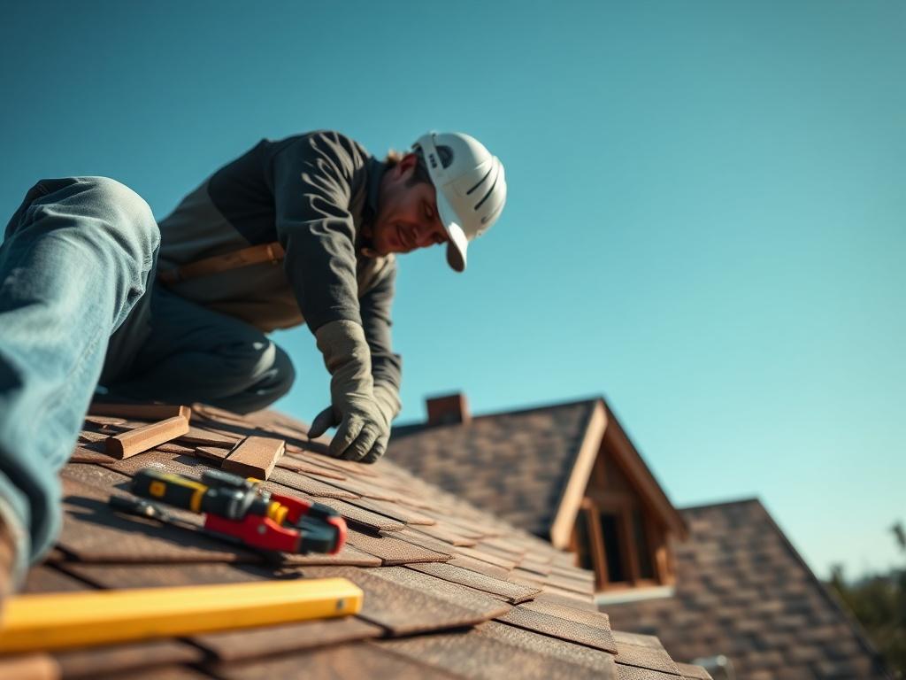 A close up shot capturing a skilled roofer applying shingles