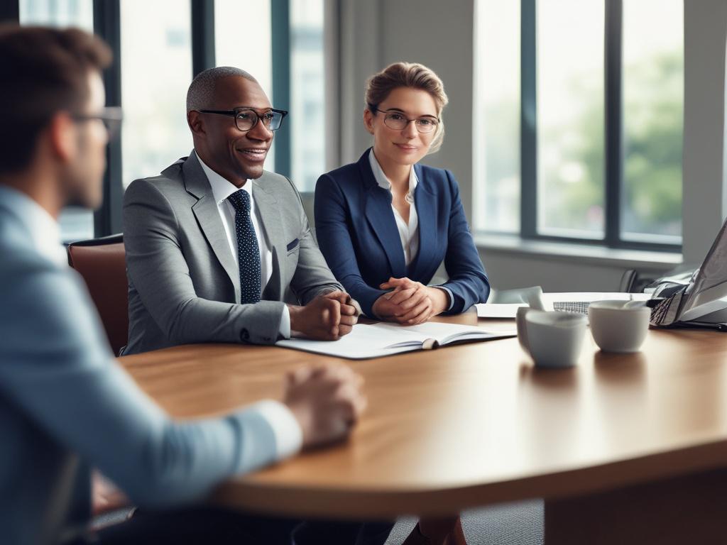A professional financial advisor sitting at a modern desk, engaged