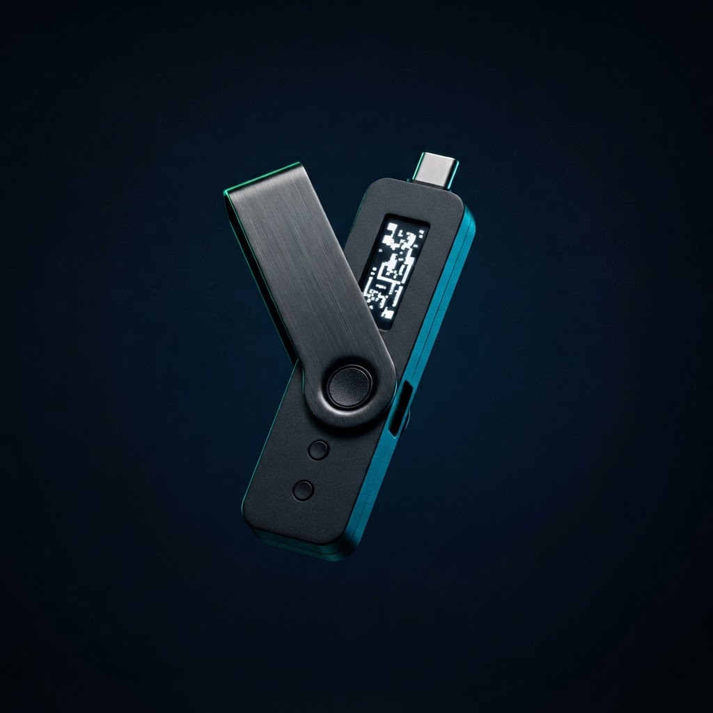 Black hardware wallet device shown fully inside a softly illuminated desktop product frame