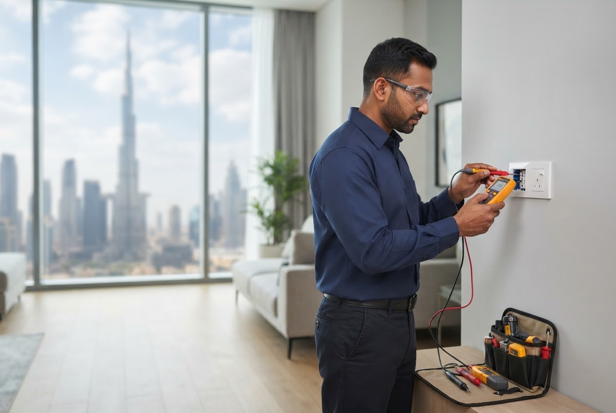 Electrician checking an outlet in a bright Dubai apartment