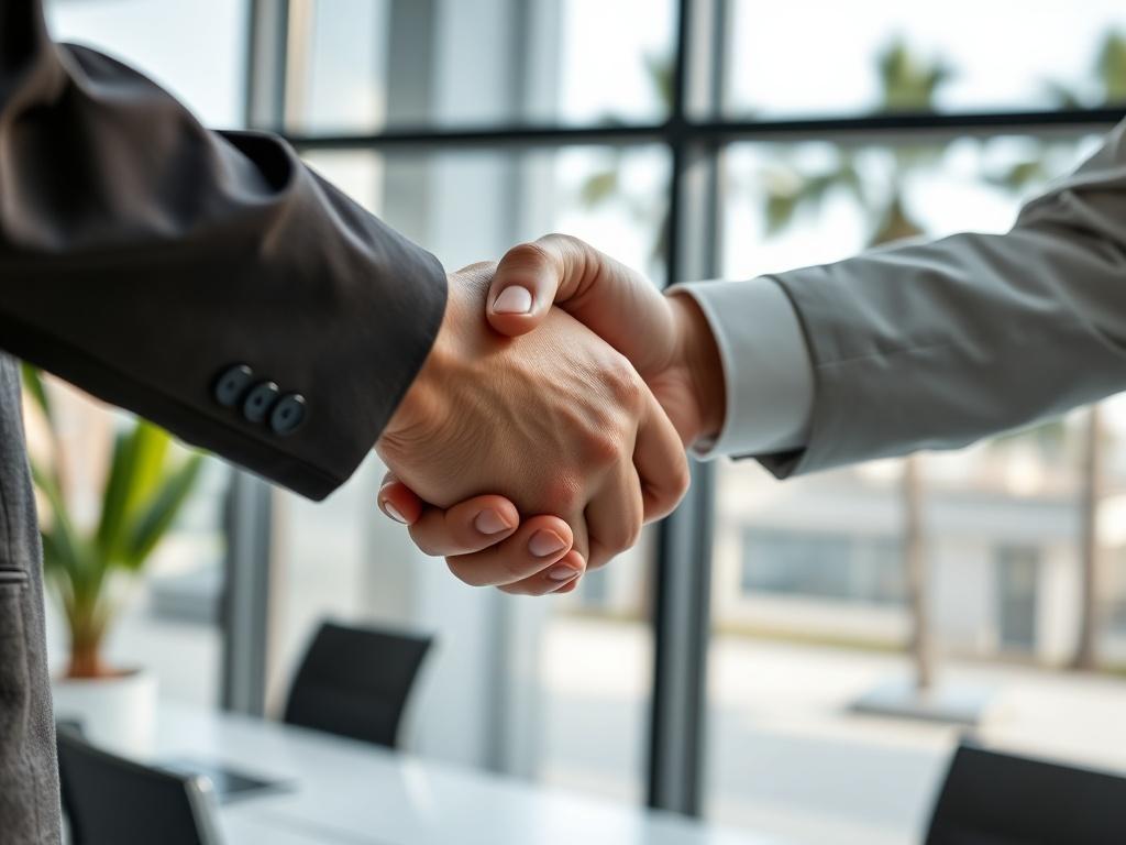A close up of a handshake between two business professionals,