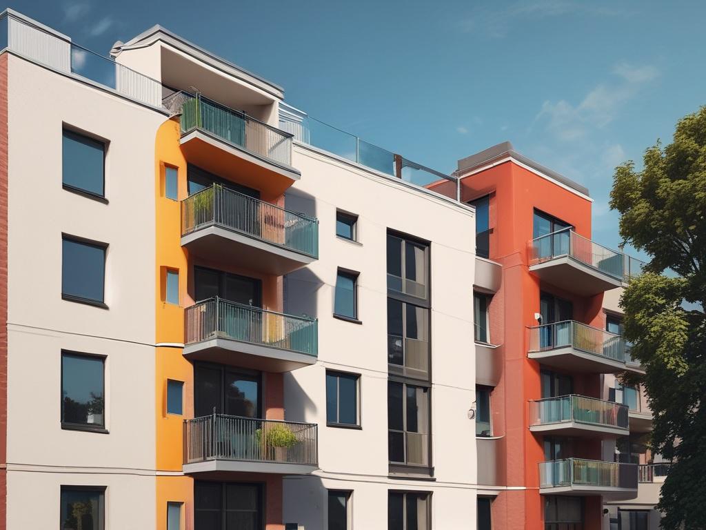 hyper-realistic close-up of a renovated residential building, showcasing modern design elements, bright colors, cozy atmosphere