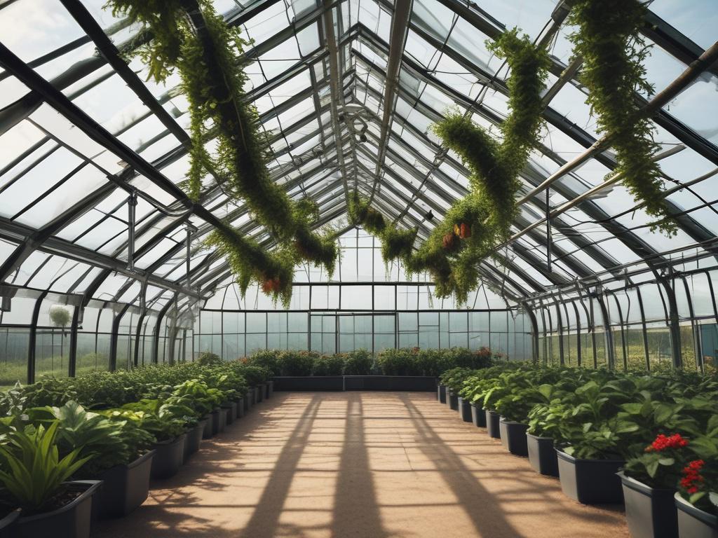 hyper-realistic close-up of a sustainable greenhouse, featuring lush plants and eco-friendly materials, bright natural light