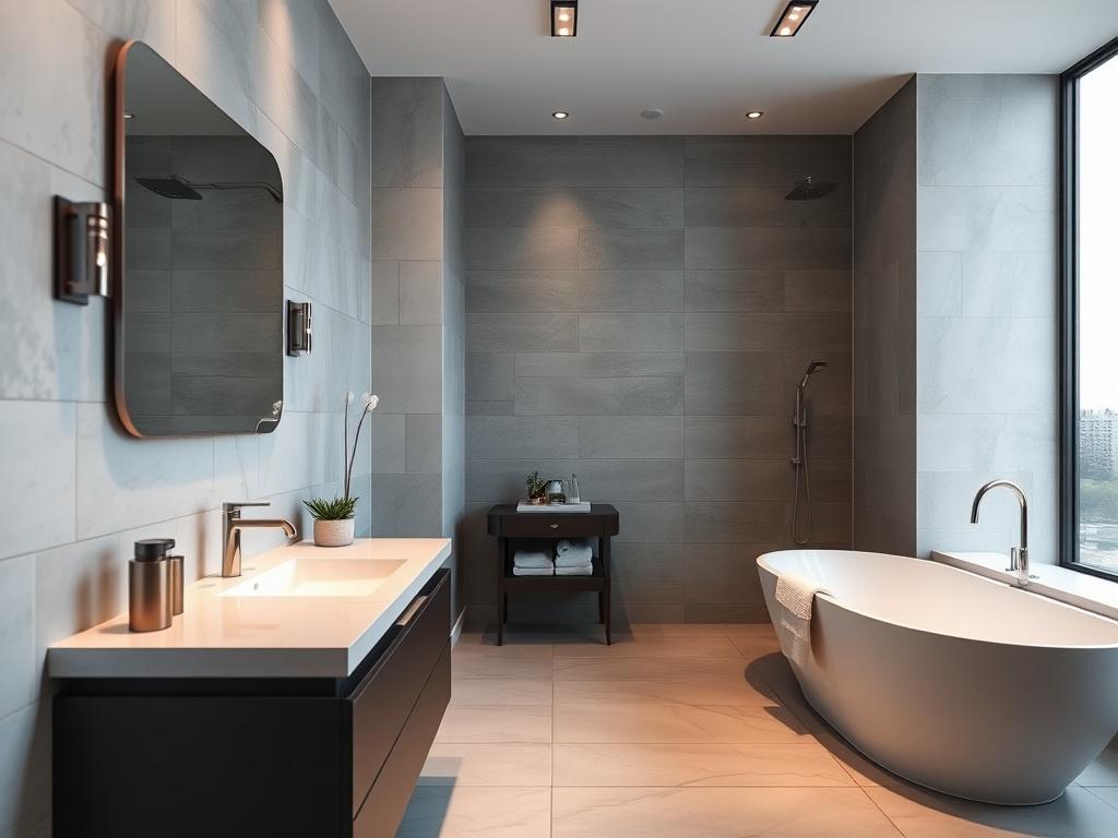 A stunning, modern bathroom showcasing a sleek vanity, stylish fixtures, and a luxurious soaking tub. The focus should be on the elegant tile work and ambient lighting, creating a calming and sophisticated atmosphere. The image should be shot in a well-lit space that highlights the bathroom's features, with a hyper-realistic focus using a 45mm f/1.2 lens. Colors should harmonize with the primary color rgb(4, 128, 50).