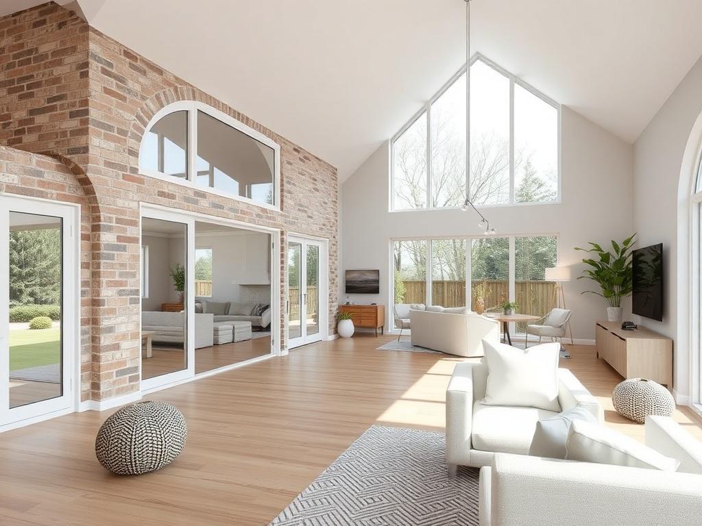 A newly constructed home addition that blends harmoniously with the existing structure, featuring large windows and a spacious interior. The focus should be on the transition from the old to the new, highlighting the craftsmanship and design elements. The setting should be bright and inviting, captured with a sharp focus using a 45mm f/1.2 lens. Colors should match the primary color rgb(4, 128, 50).