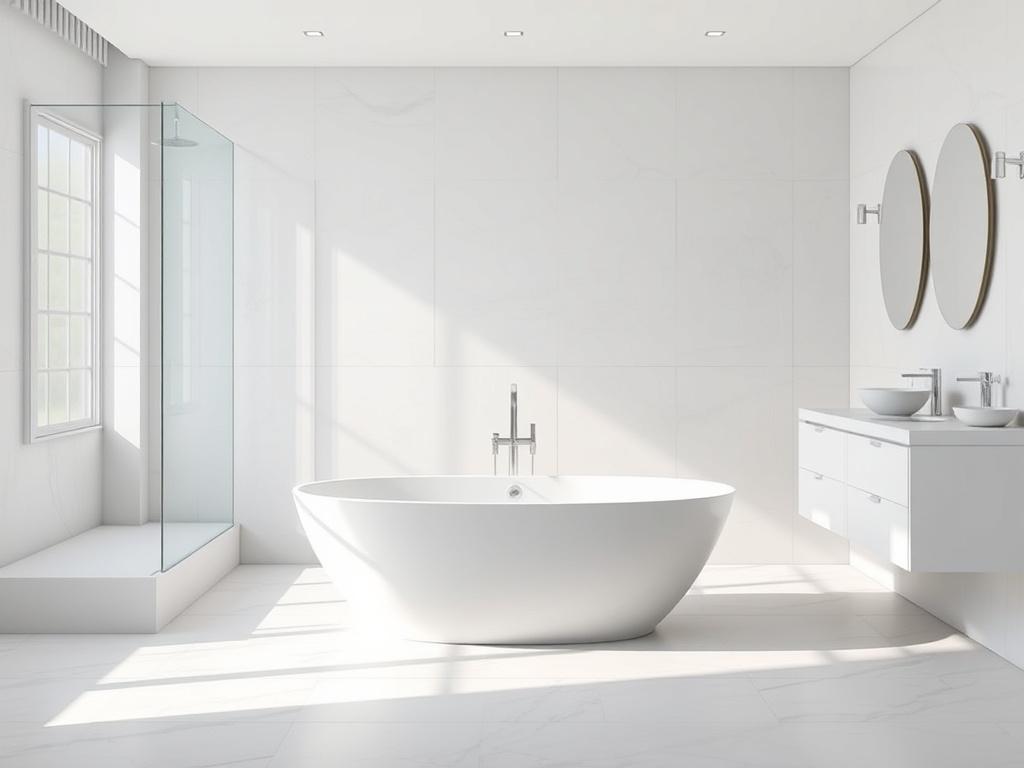 A modern bathroom showcasing a sleek design with minimalistic elements. The focus is on a stylish freestanding bathtub surrounded by elegant tiles and natural light pouring in through a large window. The background features a clean, organized space with a contemporary sink and fixtures. The color scheme is soothing with soft whites and gentle grays, emphasizing a tranquil ambiance.