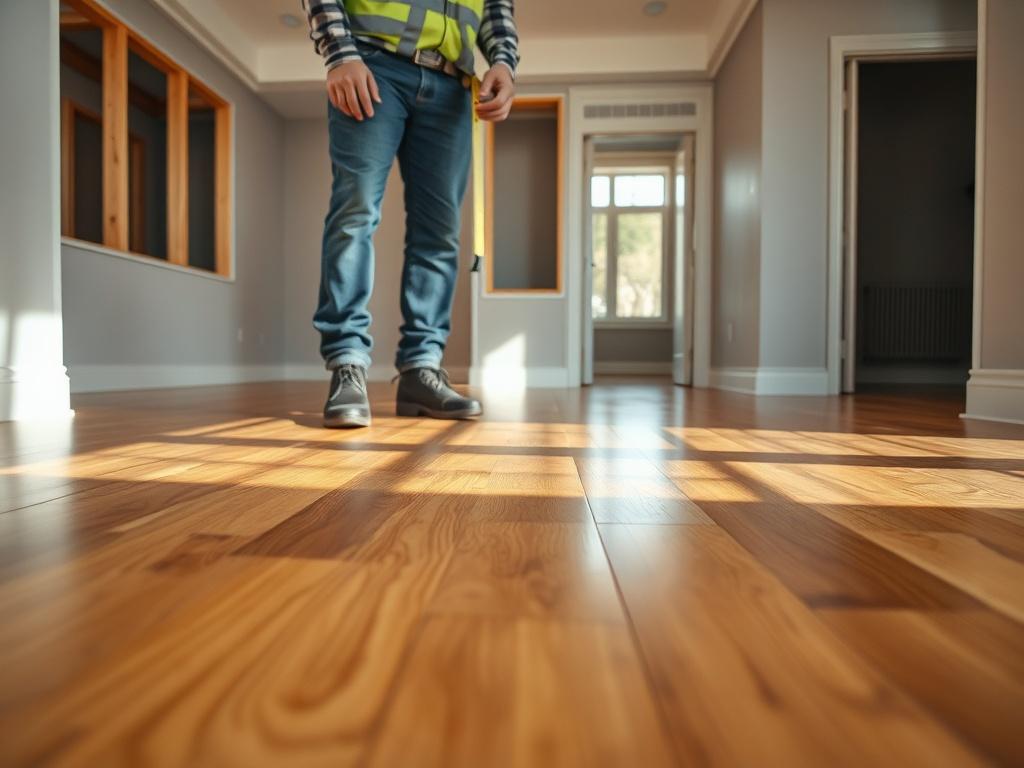 A realistic high-resolution photo of a construction worker inspecting a newly completed floor in a residential building. The focus should be on the worker, who is wearing a hard hat and holding a measuring tape, with a partially finished room in the background. The flooring should display polished hardwood, showcasing fine craftsmanship and attention to detail. The lighting should be warm and inviting, highlighting the textures of the floor and the professionalism of the construction work.