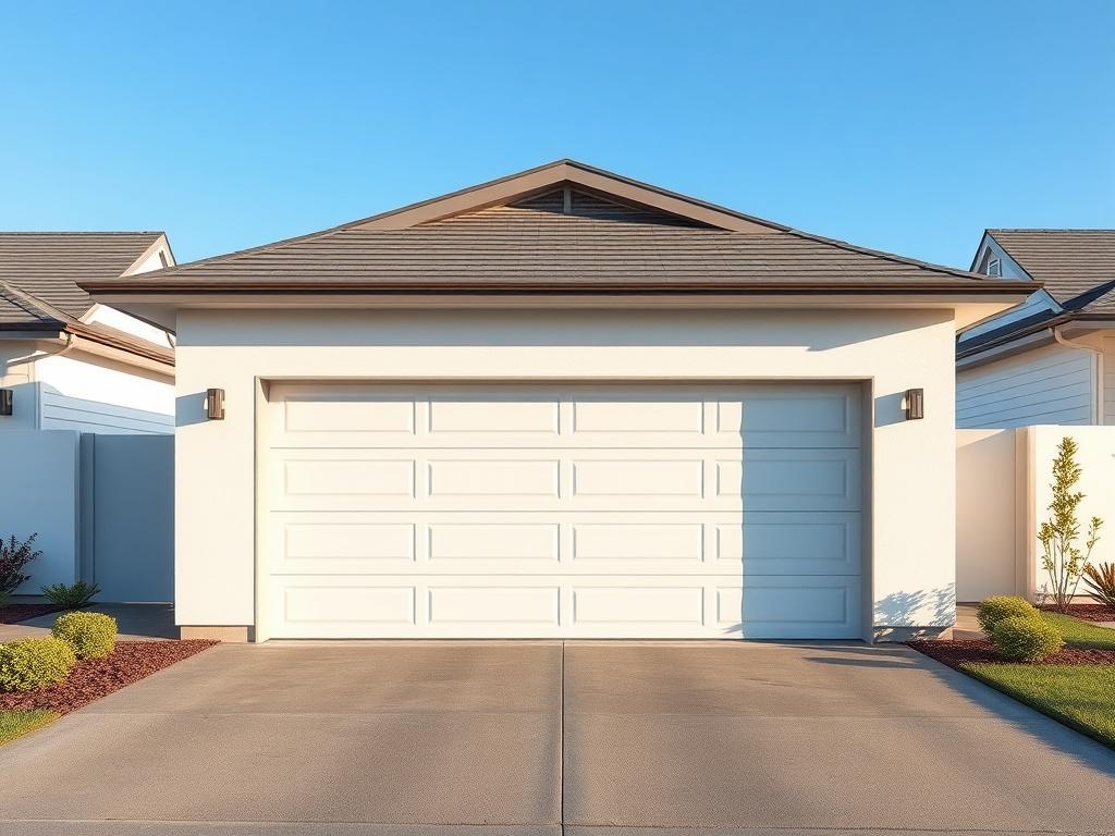 A realistic high-resolution photo of a modern garage, featuring clean lines and a minimalist design. The garage door is sleek and contemporary, painted in a simple color that complements the overall aesthetic. The background is a well-manicured driveway, with subtle landscaping and a clear blue sky, emphasizing the spaciousness and functionality of the garage. The composition should focus solely on the garage, showcasing its features and inviting potential buyers to envision their own vehicles and storage s