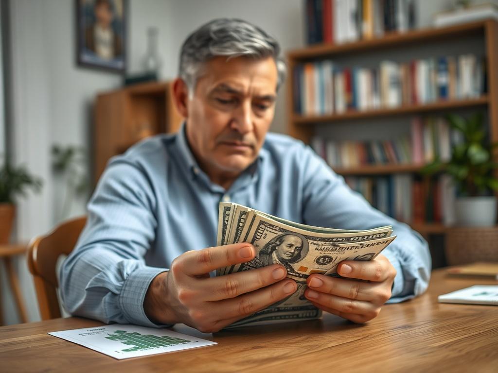 Create a realistic high-resolution photo featuring a close-up shot of a person examining retirement money. The subject should be a confident, middle-aged individual, sitting at a wooden table in a well-lit, cozy home office. They are intently looking at a stack of dollar bills and financial documents, conveying a sense of focus and contemplation about their future. The background should be softly blurred, showcasing a few personal touches such as a potted plant and a bookshelf filled with financial books, a