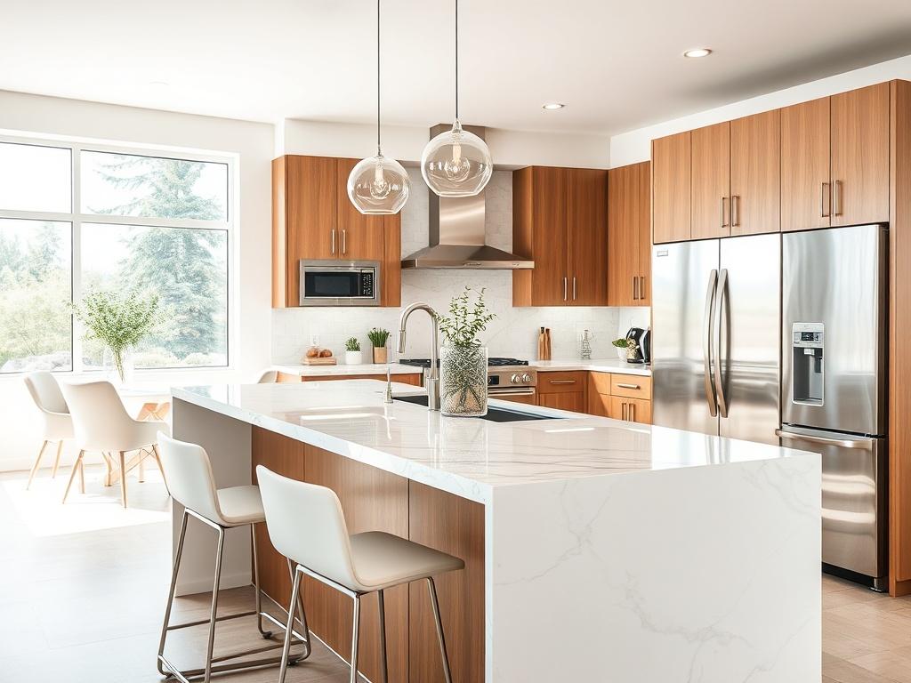 Create a realistic high-resolution image of a beautifully remodeled kitchen that showcases a modern, open-concept space. The composition should feature a single focal point: an elegant kitchen island, centered in the frame. The island should have a sleek, white marble countertop with subtle gray veining, complemented by stylish bar stools with a minimalist design. Surrounding the island, showcase contemporary cabinetry with clean lines in a warm wood finish, and high-end stainless-steel appliances that refl