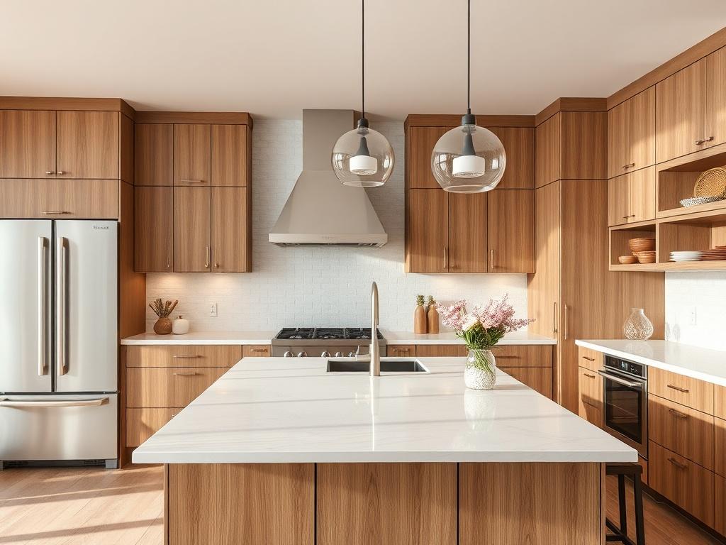 A beautifully remodeled kitchen featuring modern cabinetry, stylish countertops, and sleek appliances. The kitchen should be spacious and well-lit, with warm colors and natural wood finishes. The composition should focus on the kitchen island, showcasing a clean and inviting design, with a hint of natural elements like plants or flowers in the background.