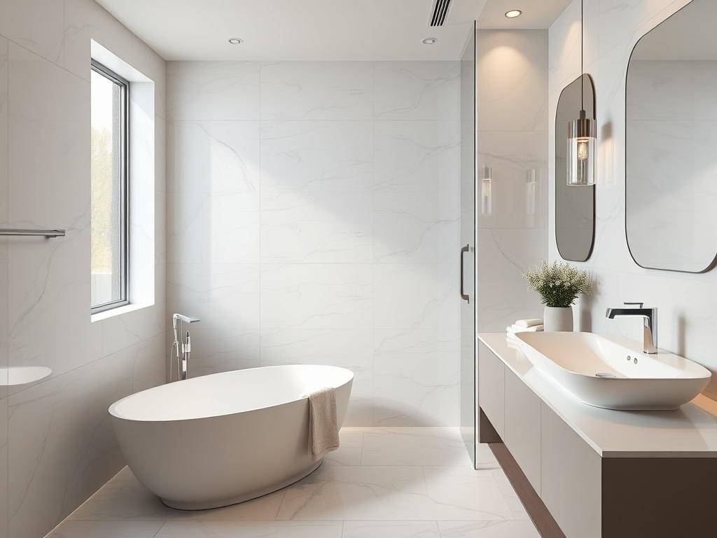 A modern bathroom renovation with elegant fixtures, stylish tiles, and a spacious layout. The image should highlight a freestanding bathtub, sleek sink, and beautiful lighting. The design should evoke a sense of relaxation, with soft colors and luxurious materials, inviting viewers to imagine a spa-like experience.