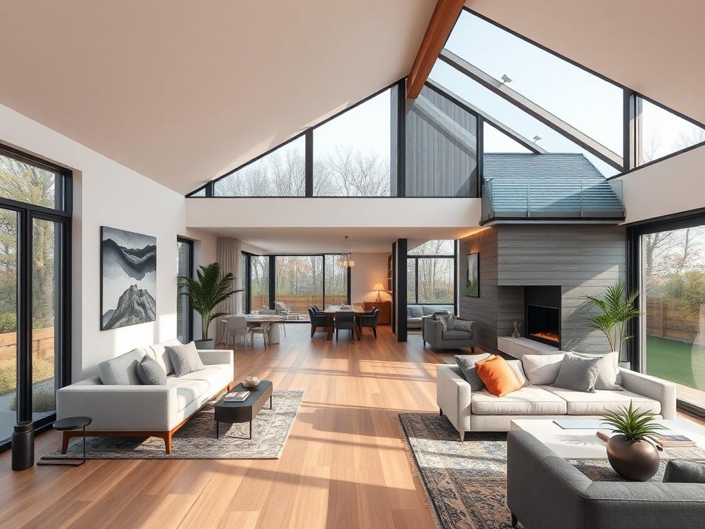 A beautifully designed home addition showcasing a spacious living area that seamlessly integrates with the existing house. The image should highlight large windows allowing natural light, modern design elements, and a harmonious flow between indoor and outdoor spaces, creating an inviting atmosphere.