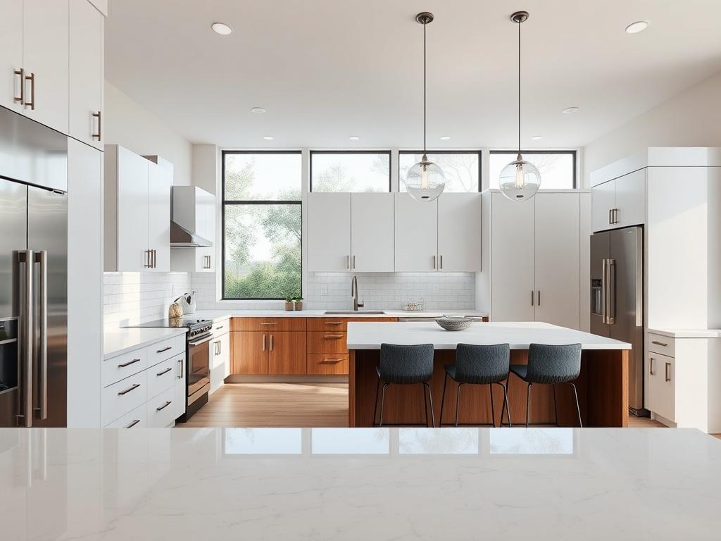 A modern kitchen featuring sleek cabinetry, a central island with bar stools, and stainless steel appliances. The kitchen showcases elegant pendant lighting above the island and a bright, airy atmosphere with large windows allowing natural light to flood in. The color palette includes soft whites and warm wood tones, creating a welcoming and functional space. The countertop is made of polished quartz, and the backsplash has a contemporary tile design. The scene captures a sense of sophistication and modern 