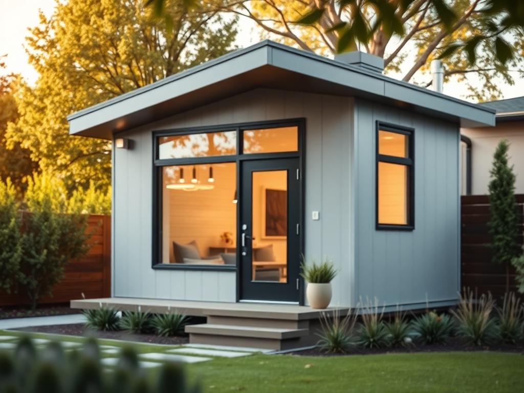 A stunning close-up shot of a modern Accessory Dwelling Unit (ADU) in a backyard setting. The ADU features sleek lines, large windows, and a stylish entrance. The background includes lush greenery and a well-maintained garden, creating a serene atmosphere. The lighting is warm and inviting, highlighting the craftsmanship of the structure. The image is taken with a 45mm f/1.2 lens to create a soft background blur, emphasizing the details of the ADU.