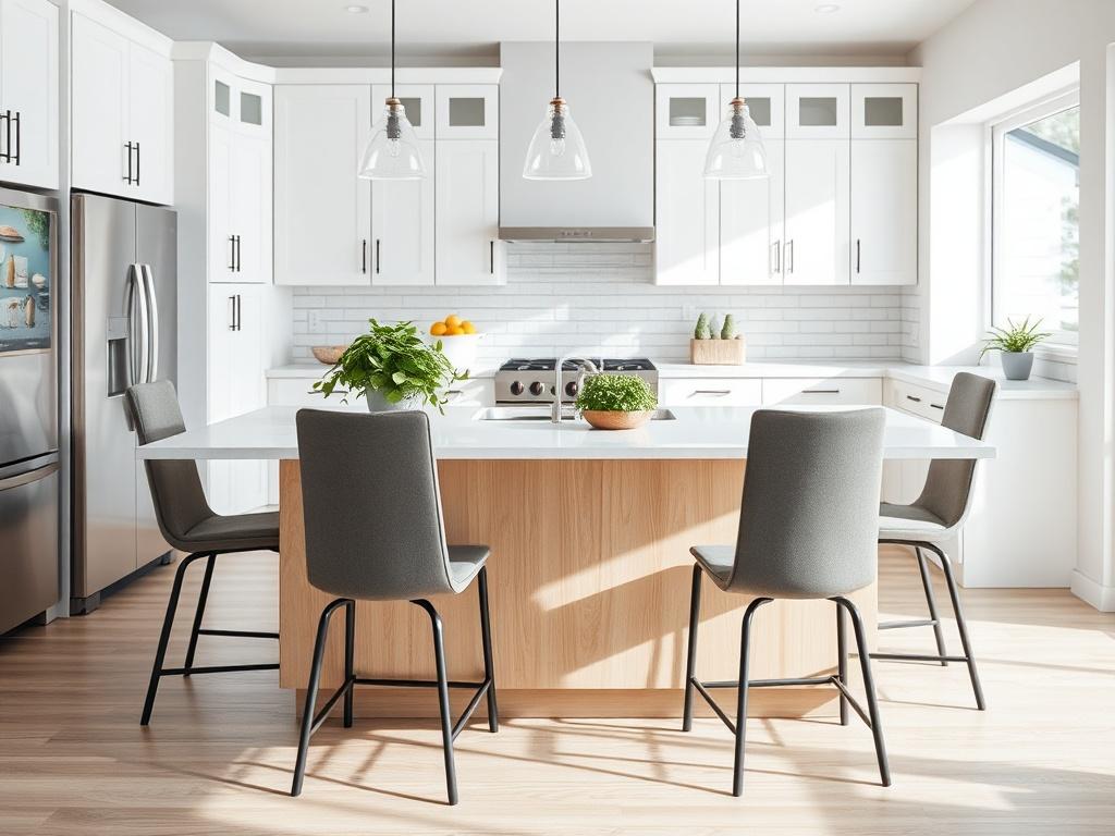 Create a realistic high-resolution image of a beautifully remodeled kitchen that embodies modern elegance and functionality, perfectly suited for the blog titled "Transforming Spaces: Kitchen Remodels." The focus should be a single subject: a sleek, contemporary kitchen island made of light-colored wood, featuring a polished quartz countertop. 

The composition should be simple and clear, with the kitchen island centered in the frame, showcasing its inviting design. Surround the island with stylish high-bac