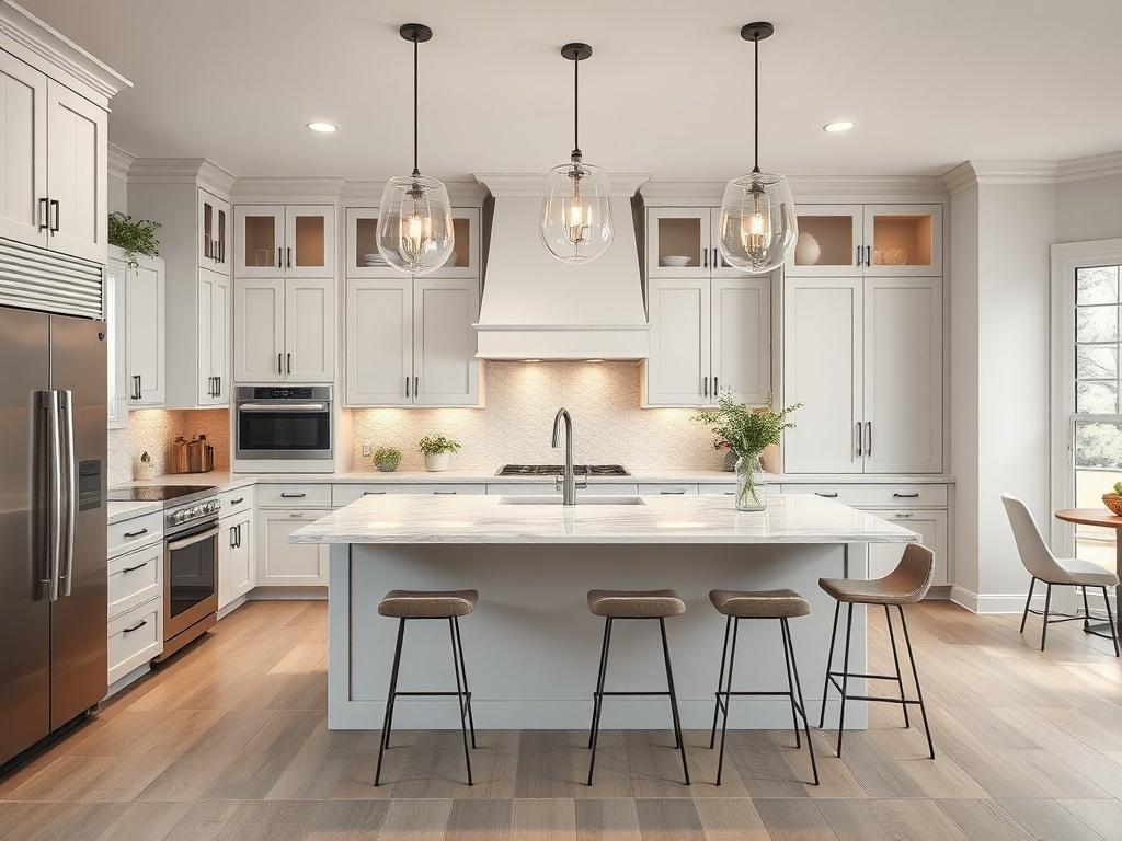 A beautifully renovated kitchen featuring modern cabinetry, a spacious island with bar stools, and elegant lighting fixtures. The kitchen has a sleek, contemporary design with stainless steel appliances and a marble countertop. The color palette includes soft whites and greys, with greenery accents. The composition focuses on the kitchen island as the centerpiece, with warm, inviting lighting creating a cozy atmosphere.