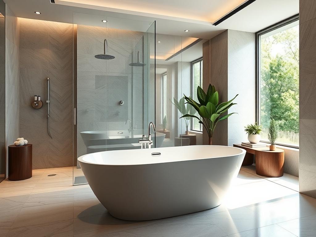 A luxurious bathroom showcasing a modern freestanding bathtub, elegant fixtures, and stylish tilework. The design features a spacious walk-in shower with glass doors, complemented by natural light streaming in through a large window. The color scheme includes calming neutral tones with pops of greenery. The composition highlights the bathtub as a focal point, surrounded by tasteful decor and soft, ambient lighting.