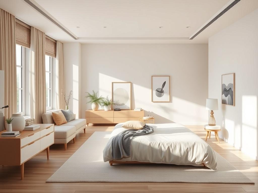A beautifully designed modern bedroom featuring a luxurious remodel. The composition focuses on a spacious, well-lit room with elegant furnishings, soft bedding, and stylish decor. The background showcases a clean, minimalistic design with subtle colors, emphasizing the comfort and tranquility of the space. Natural light pours in through large windows, creating a warm ambiance.