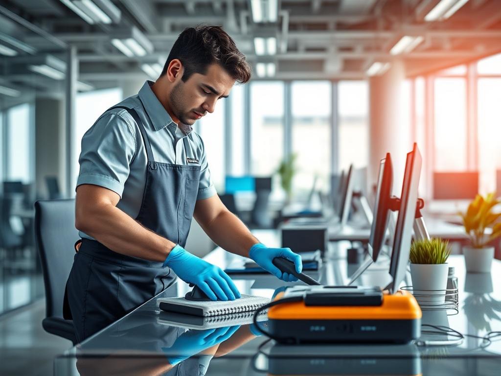 A hyper realistic image of a commercial cleaning professional in